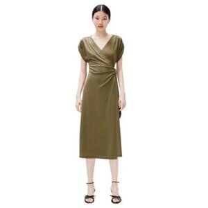 H & M Jersey Wrap Dress Khaki Green Midi Size Small